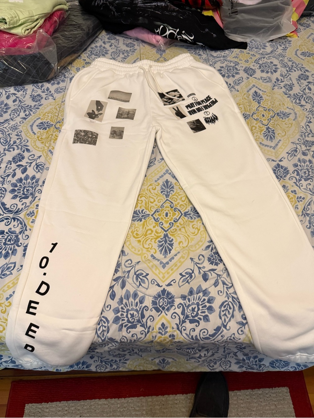 10.Deep White Mens Graphic Sweatpants with Black Prints